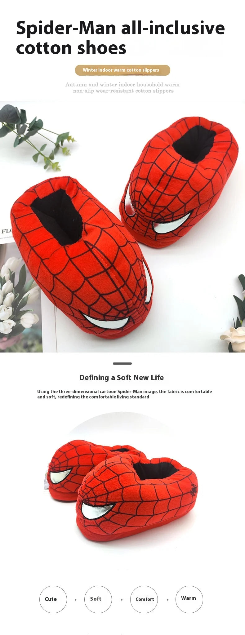 Cotton Slippers Spider Man Cartoon Couple Bag And Warm Shoes Men'S And Women'S All Inclusive Plush Shoes For Home Use Keep Warm