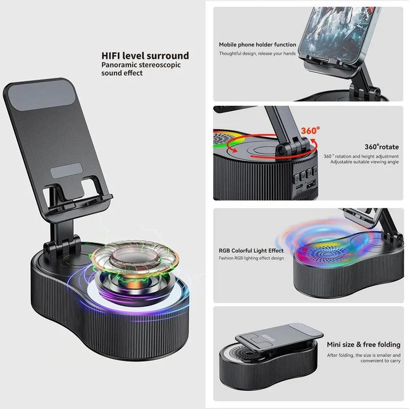 Wireless Speaker with Colorful Ambient Light 360°rotatable Adjustable FoldingLift-non-slip Phone Holder 5.3 HDSurround Subwoofer