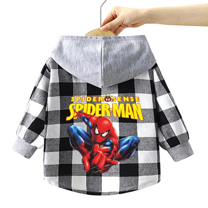 Spring Children Boys Spiderman Plaid Shirts Cartoon Casual Toddler Kid Boy Mickey Hooded Shirts Loose Long Sleeve Baby Boy Top