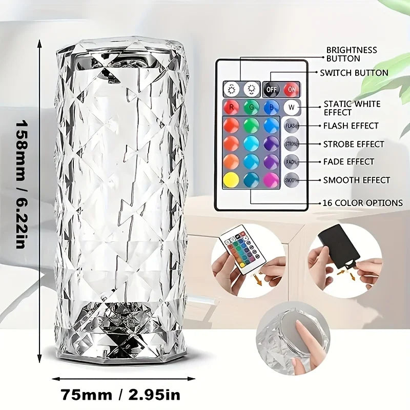 Crystal Lamp 16-Color Changing RGB Night Light Touch Lamp USB Romantic LED Rose Table Lamps For Bedroom Party Dinner Decor Light