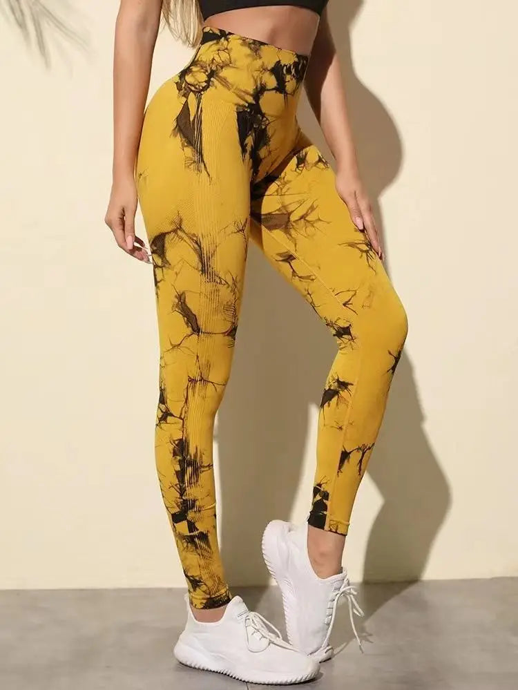 Hip Lifting Seamless Fitness Gym Leggings Tie-Dye Yoga Pants Women's Exercise Tights Tummy Control High Waist Workout Pants