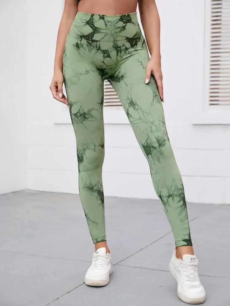 Hip Lifting Seamless Fitness Gym Leggings Tie-Dye Yoga Pants Women's Exercise Tights Tummy Control High Waist Workout Pants