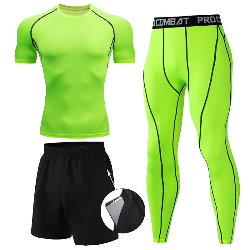 3 Pieces Fitness Suits Athletic Workout Compression Sets for Men Short Sleeve Rash Guard Undershirt Tops Leggings Pants Shorts