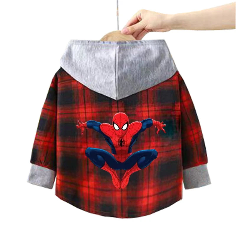 Spring Children Boys Spiderman Plaid Shirts Cartoon Casual Toddler Kid Boy Mickey Hooded Shirts Loose Long Sleeve Baby Boy Top
