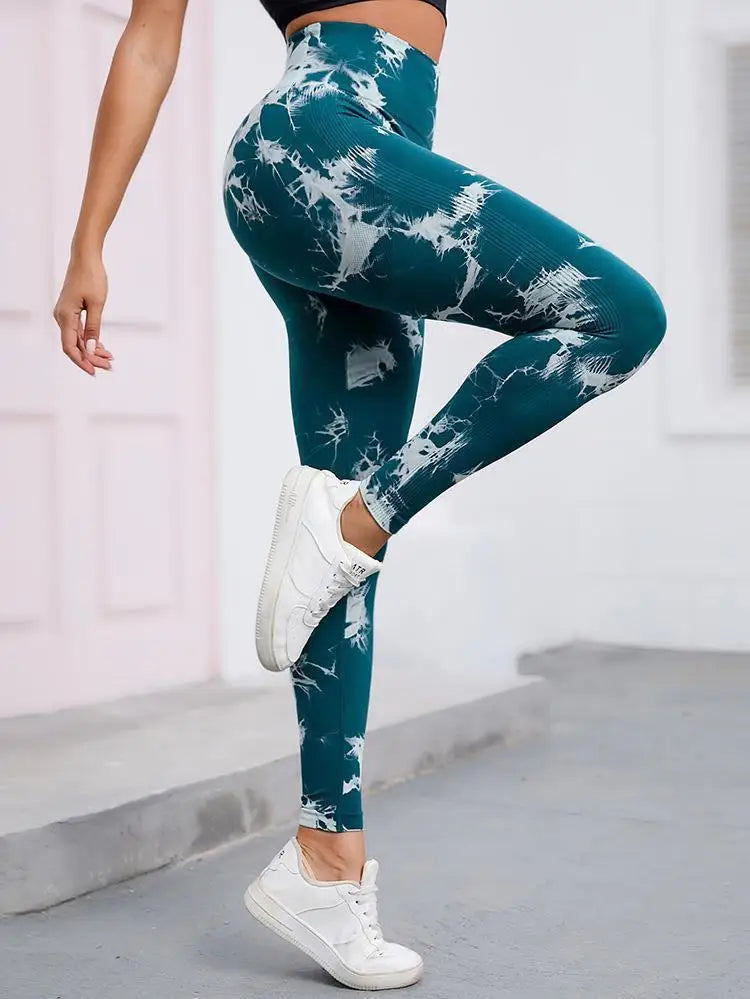 Hip Lifting Seamless Fitness Gym Leggings Tie-Dye Yoga Pants Women's Exercise Tights Tummy Control High Waist Workout Pants