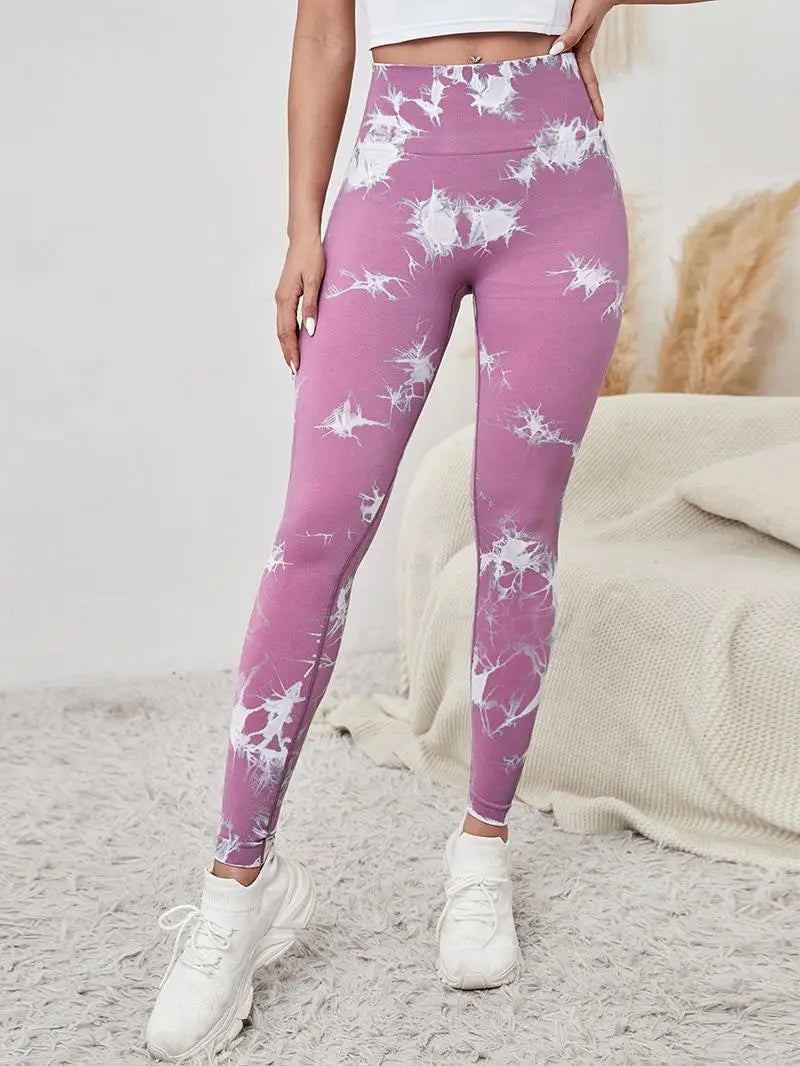 Hip Lifting Seamless Fitness Gym Leggings Tie-Dye Yoga Pants Women's Exercise Tights Tummy Control High Waist Workout Pants