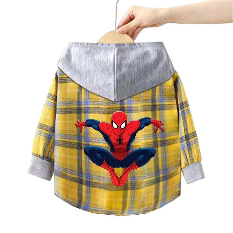 Spring Children Boys Spiderman Plaid Shirts Cartoon Casual Toddler Kid Boy Mickey Hooded Shirts Loose Long Sleeve Baby Boy Top