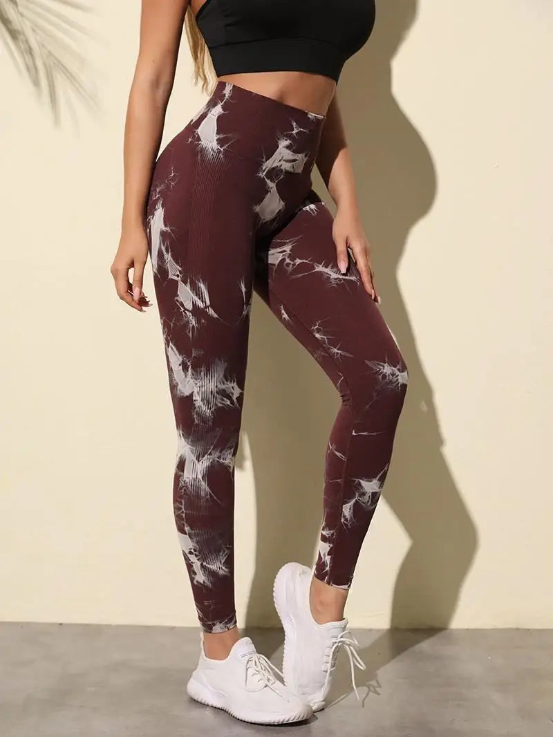Hip Lifting Seamless Fitness Gym Leggings Tie-Dye Yoga Pants Women's Exercise Tights Tummy Control High Waist Workout Pants