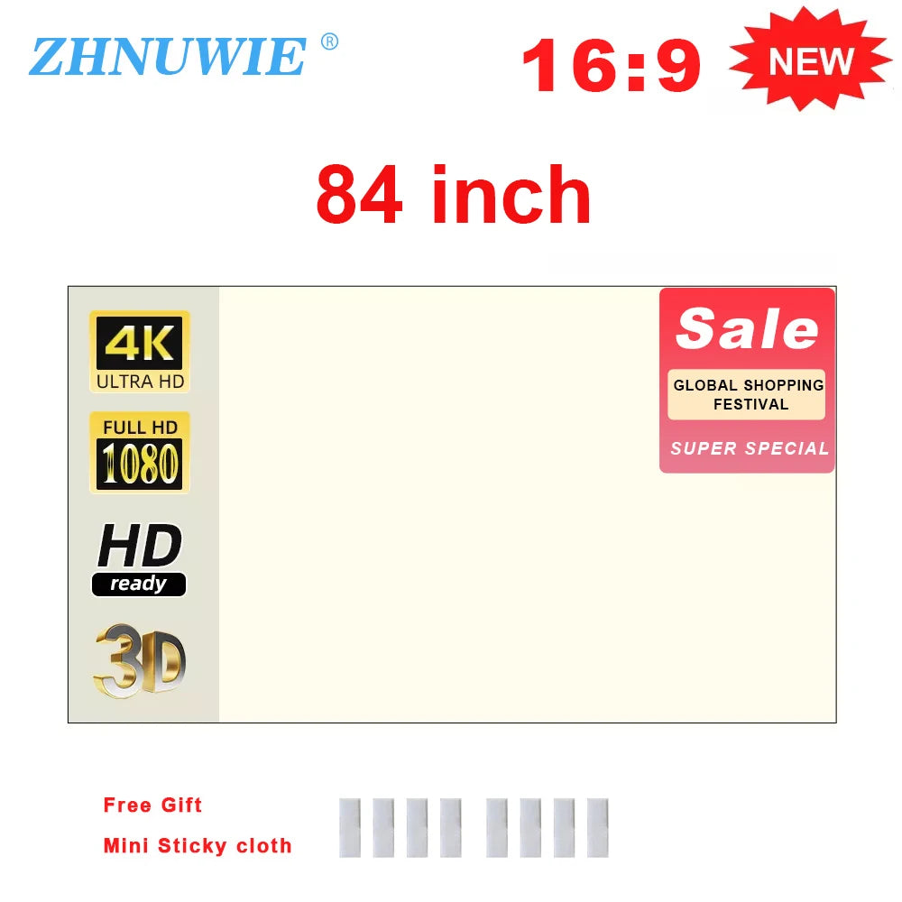 Projector Screen 16:9 High Brightness Reflective Foldable White Grid Anti Light Curtain 100 120 133 150 Inch HD for Home Outdoor