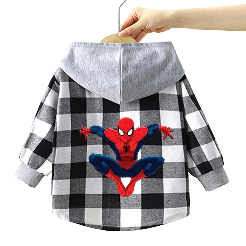 Spring Children Boys Spiderman Plaid Shirts Cartoon Casual Toddler Kid Boy Mickey Hooded Shirts Loose Long Sleeve Baby Boy Top