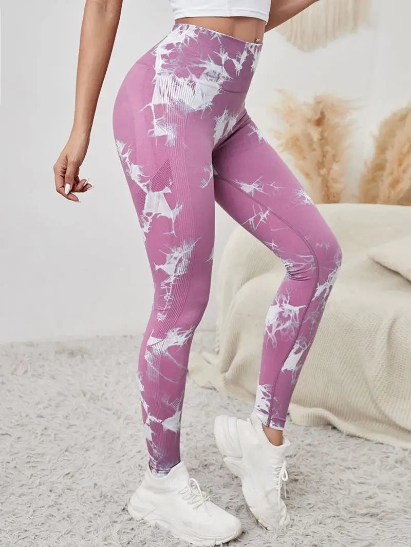 Hip Lifting Seamless Fitness Gym Leggings Tie-Dye Yoga Pants Women's Exercise Tights Tummy Control High Waist Workout Pants