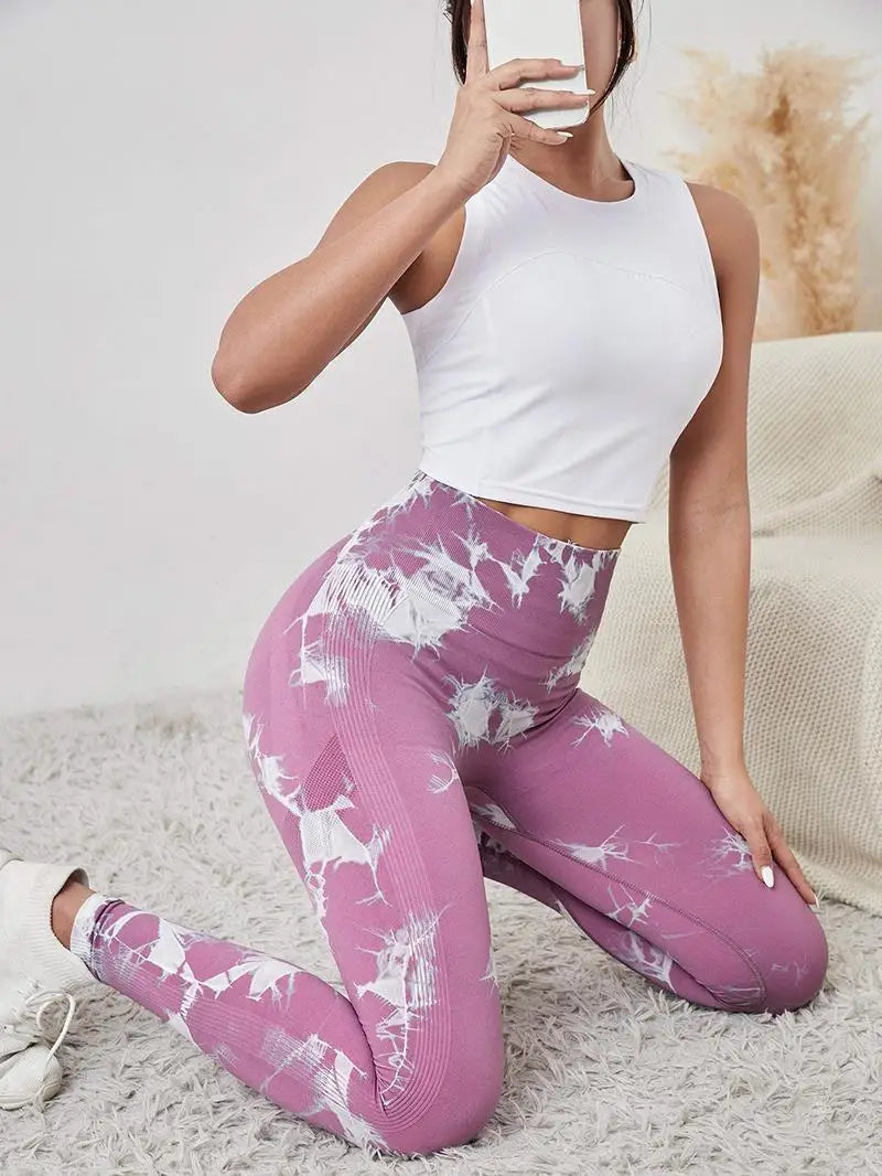 Hip Lifting Seamless Fitness Gym Leggings Tie-Dye Yoga Pants Women's Exercise Tights Tummy Control High Waist Workout Pants