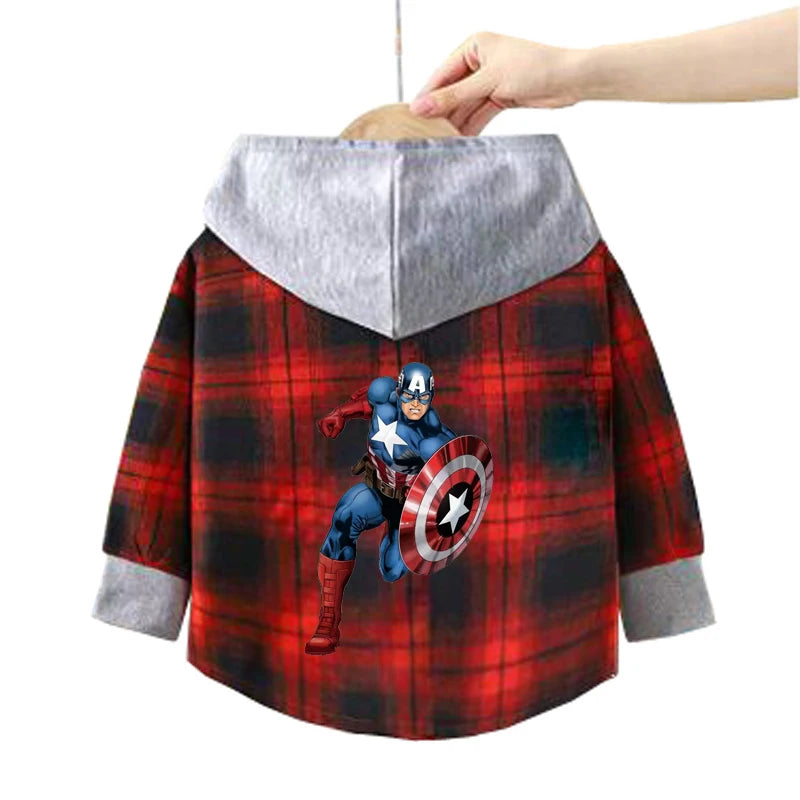 Spring Children Boys Spiderman Plaid Shirts Cartoon Casual Toddler Kid Boy Mickey Hooded Shirts Loose Long Sleeve Baby Boy Top
