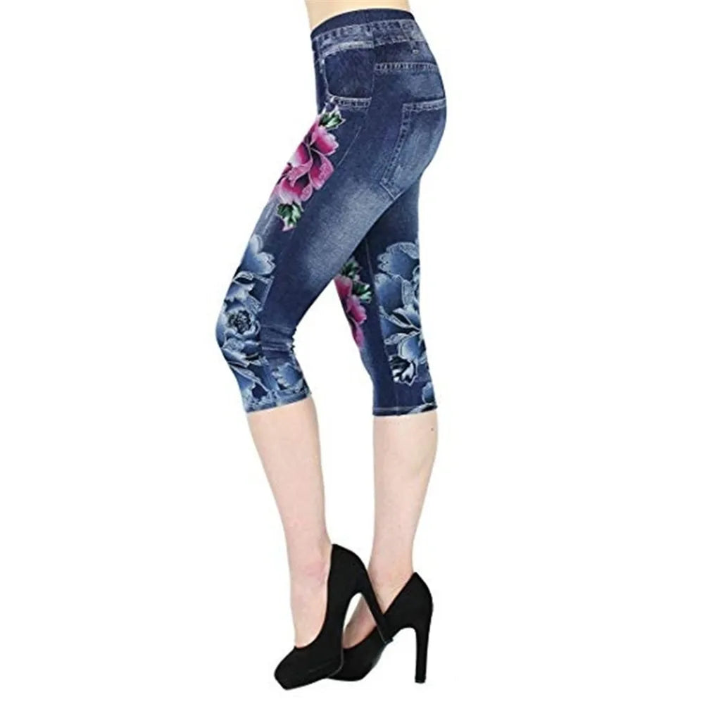Women Plus Size Leggings Imitation Cropped Trousers 2025 New Mock Pocket Pants Slim Jeggings Denim Skinny
