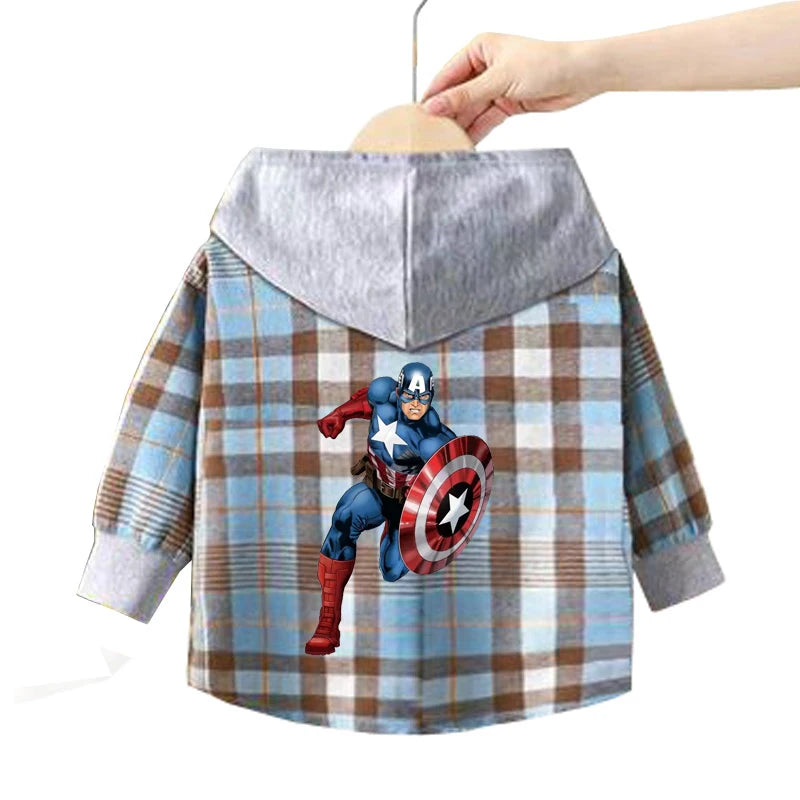 Spring Children Boys Spiderman Plaid Shirts Cartoon Casual Toddler Kid Boy Mickey Hooded Shirts Loose Long Sleeve Baby Boy Top