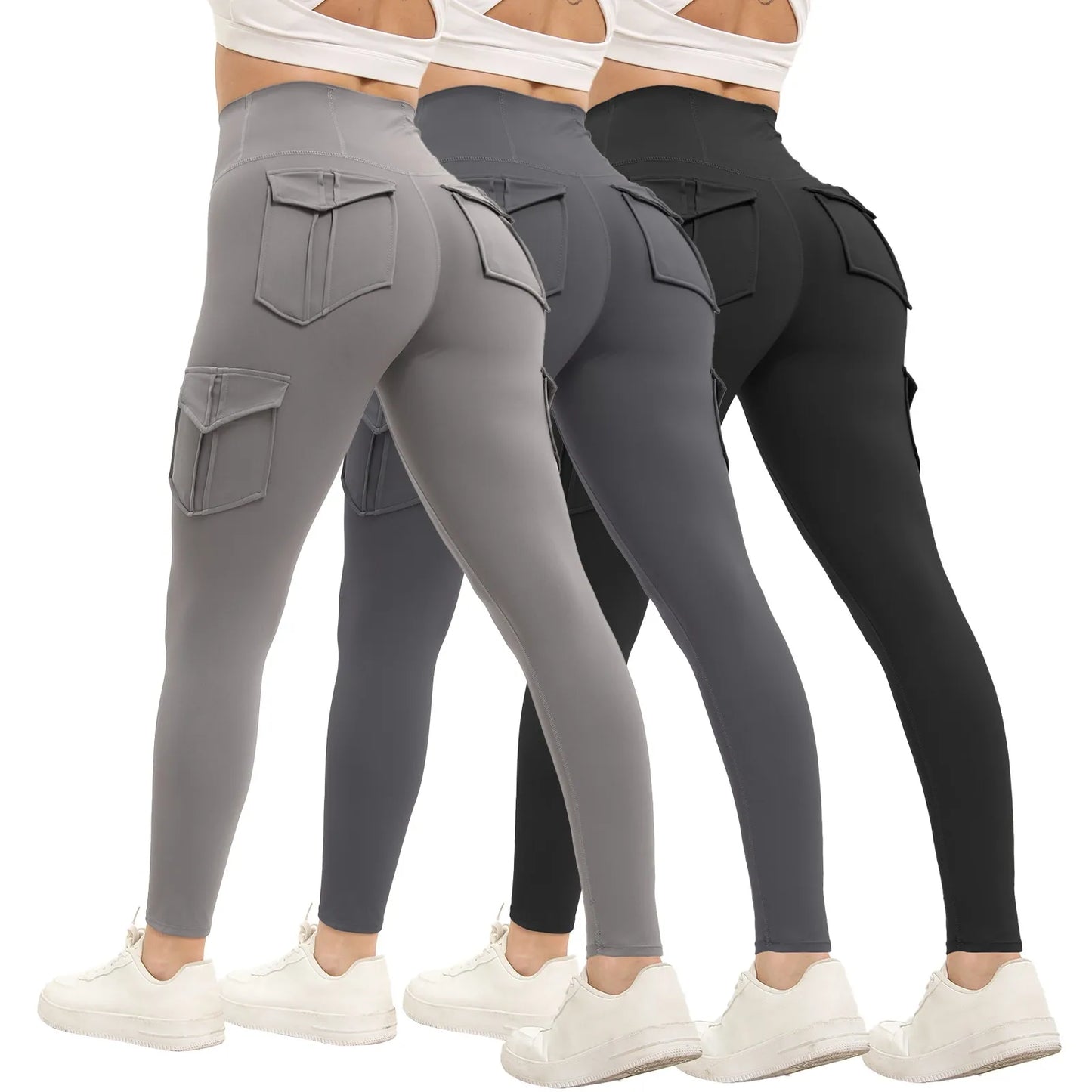 Women's Solid Color Gym Leggings High Waisted Fitness Yoga Pants Practical Pocket Stretch Outdoors Sports Cargo Styles Pants