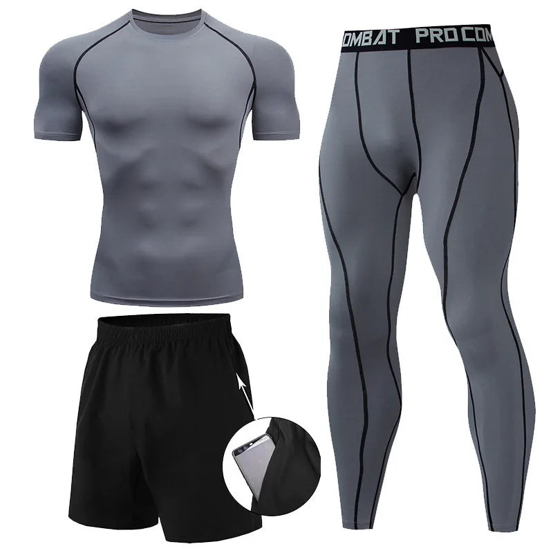 3 Pieces Fitness Suits Athletic Workout Compression Sets for Men Short Sleeve Rash Guard Undershirt Tops Leggings Pants Shorts