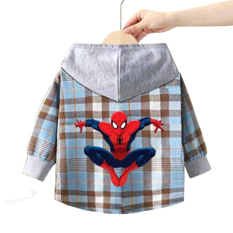 Spring Children Boys Spiderman Plaid Shirts Cartoon Casual Toddler Kid Boy Mickey Hooded Shirts Loose Long Sleeve Baby Boy Top