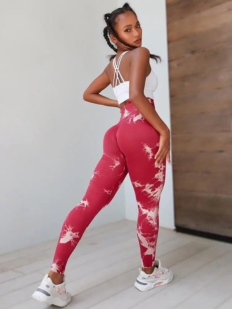 Hip Lifting Seamless Fitness Gym Leggings Tie-Dye Yoga Pants Women's Exercise Tights Tummy Control High Waist Workout Pants