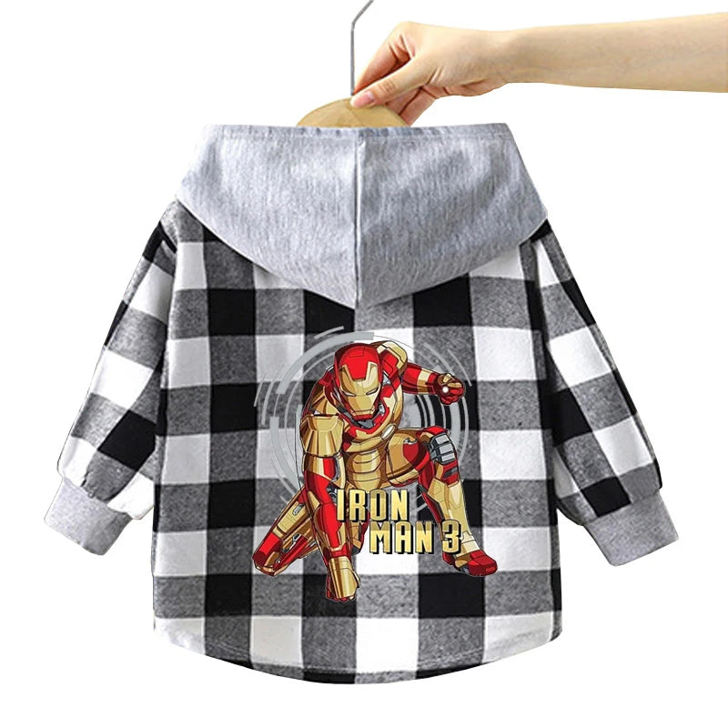 Spring Children Boys Spiderman Plaid Shirts Cartoon Casual Toddler Kid Boy Mickey Hooded Shirts Loose Long Sleeve Baby Boy Top