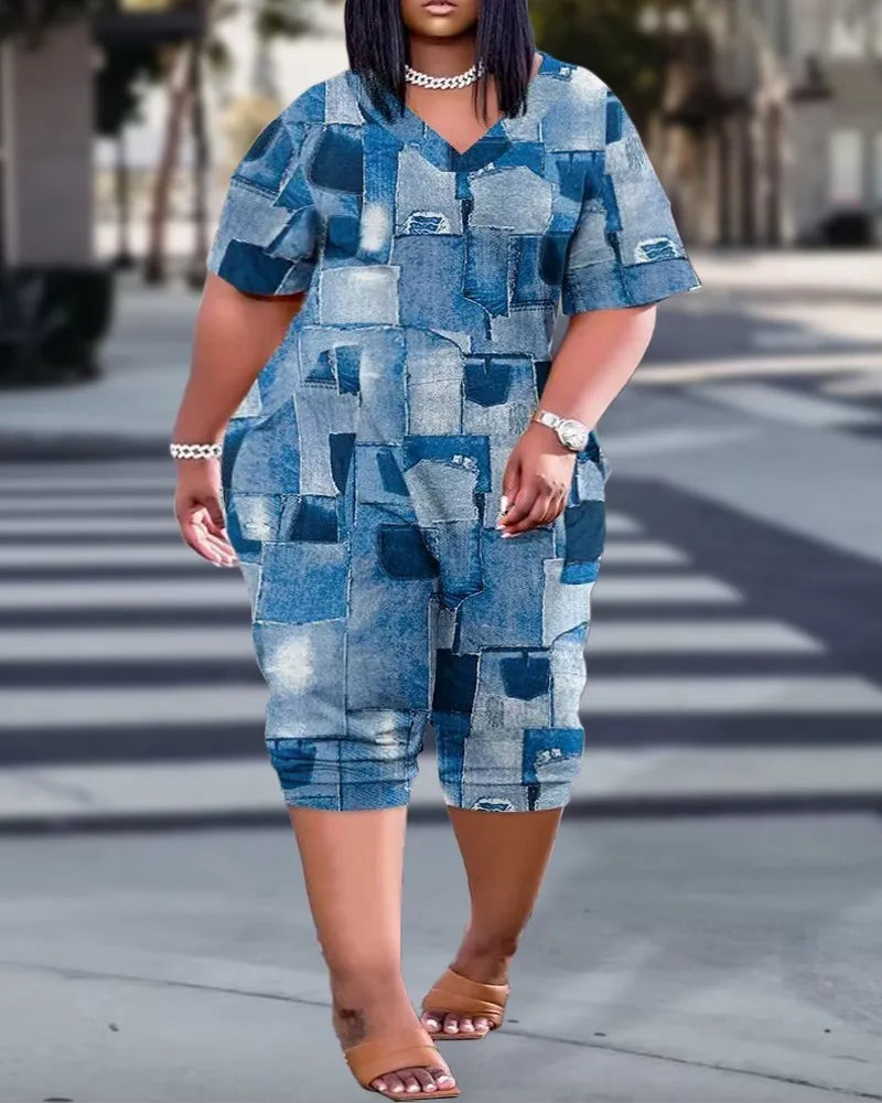 2025 Europe and America Plus Size Summer Loose V-Neck Stitched Patch Pocket Printed Jumpsuit