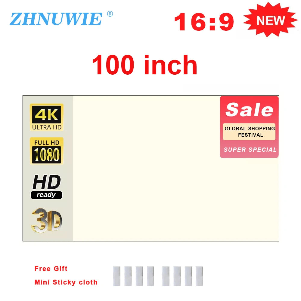 Projector Screen 16:9 High Brightness Reflective Foldable White Grid Anti Light Curtain 100 120 133 150 Inch HD for Home Outdoor