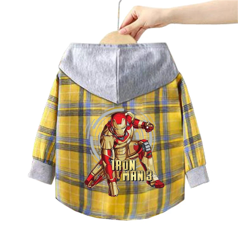 Spring Children Boys Spiderman Plaid Shirts Cartoon Casual Toddler Kid Boy Mickey Hooded Shirts Loose Long Sleeve Baby Boy Top