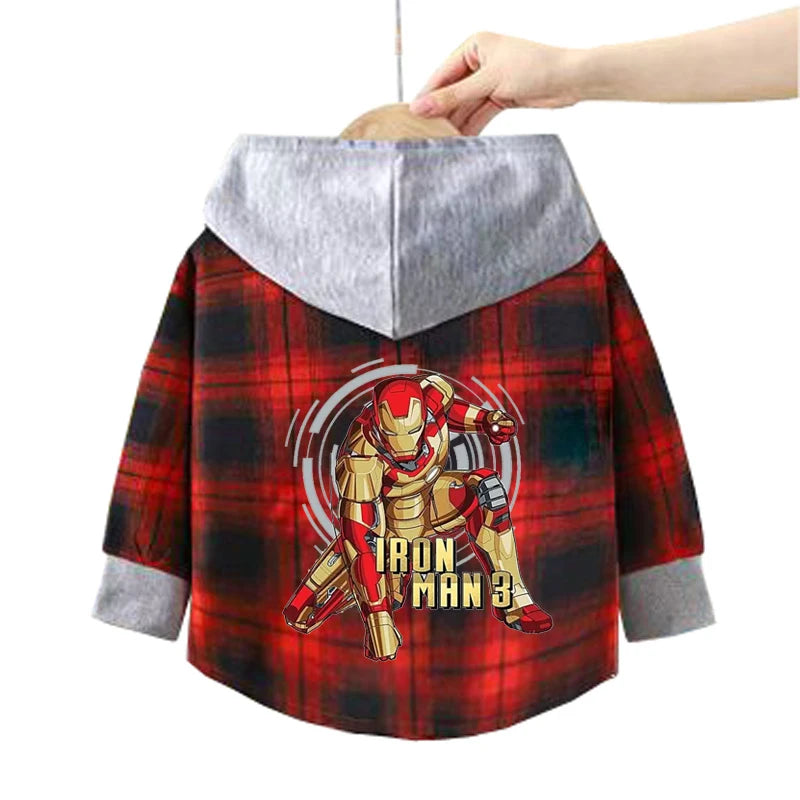 Spring Children Boys Spiderman Plaid Shirts Cartoon Casual Toddler Kid Boy Mickey Hooded Shirts Loose Long Sleeve Baby Boy Top