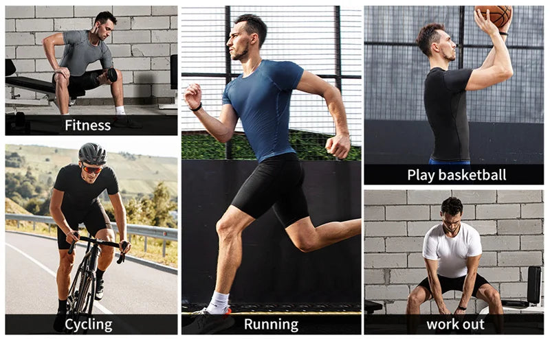 3 Pieces Fitness Suits Athletic Workout Compression Sets for Men Short Sleeve Rash Guard Undershirt Tops Leggings Pants Shorts