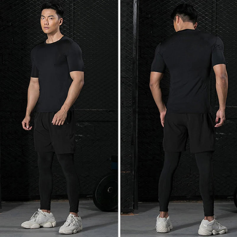3 Pieces Fitness Suits Athletic Workout Compression Sets for Men Short Sleeve Rash Guard Undershirt Tops Leggings Pants Shorts
