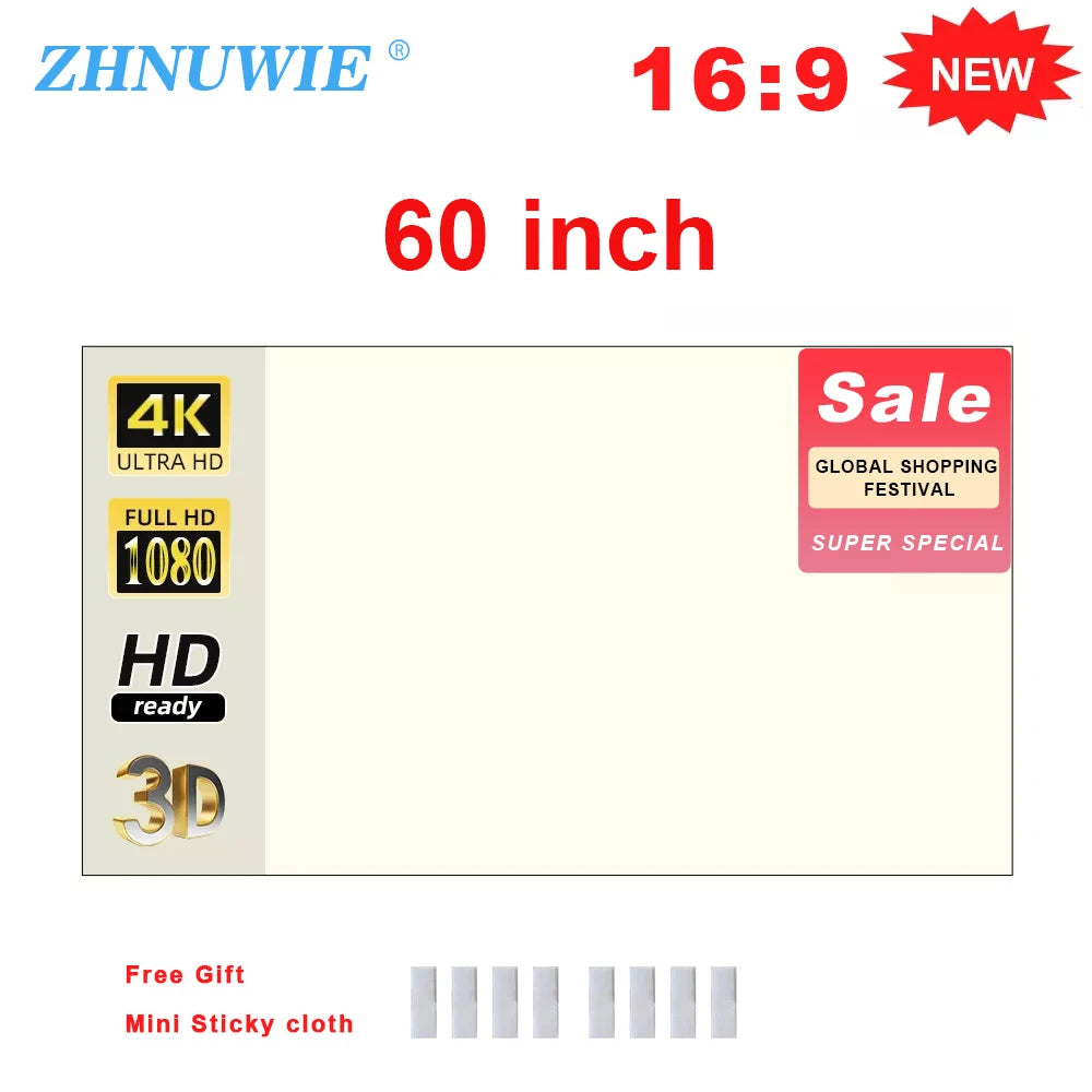Projector Screen 16:9 High Brightness Reflective Foldable White Grid Anti Light Curtain 100 120 133 150 Inch HD for Home Outdoor