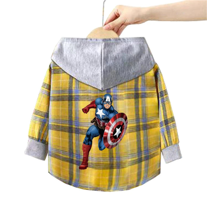 Spring Children Boys Spiderman Plaid Shirts Cartoon Casual Toddler Kid Boy Mickey Hooded Shirts Loose Long Sleeve Baby Boy Top