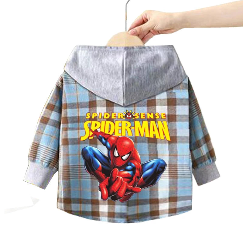 Spring Children Boys Spiderman Plaid Shirts Cartoon Casual Toddler Kid Boy Mickey Hooded Shirts Loose Long Sleeve Baby Boy Top