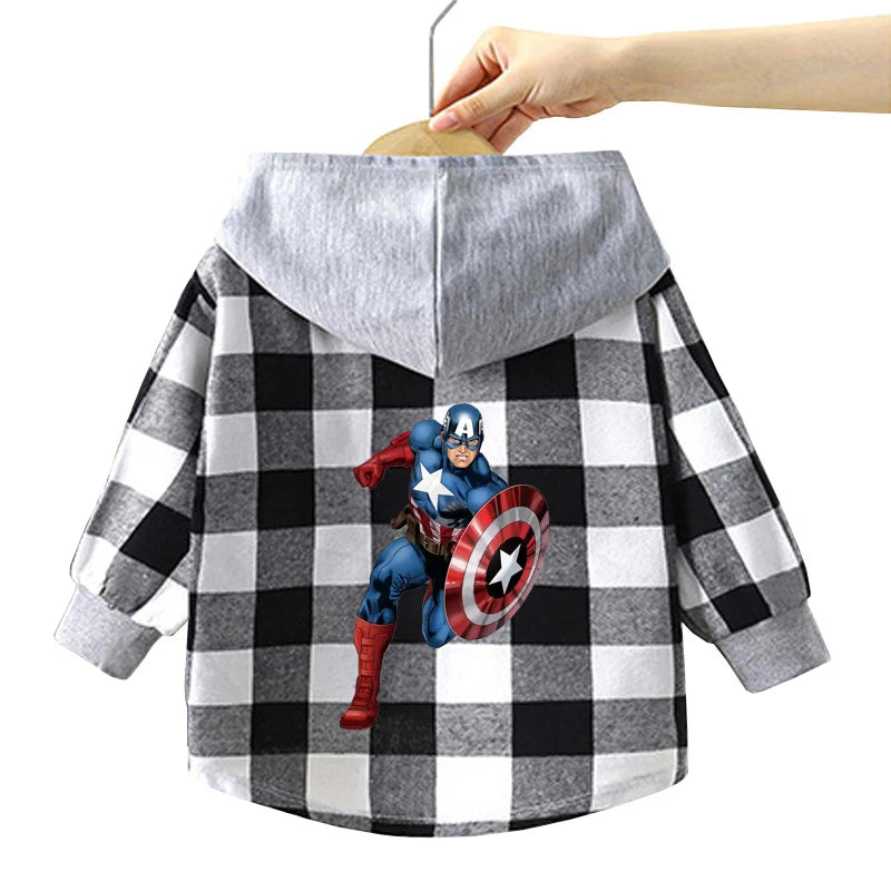 Spring Children Boys Spiderman Plaid Shirts Cartoon Casual Toddler Kid Boy Mickey Hooded Shirts Loose Long Sleeve Baby Boy Top