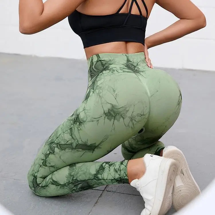 Hip Lifting Seamless Fitness Gym Leggings Tie-Dye Yoga Pants Women's Exercise Tights Tummy Control High Waist Workout Pants