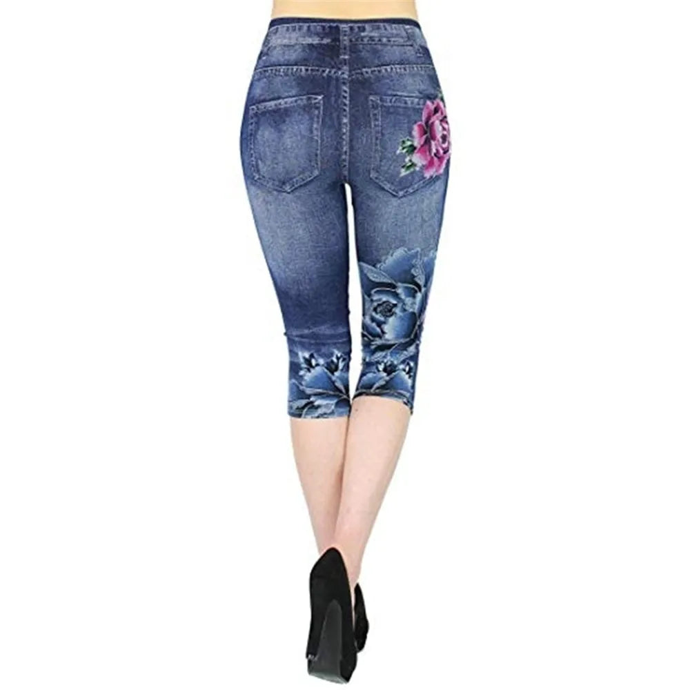 Women Plus Size Leggings Imitation Cropped Trousers 2025 New Mock Pocket Pants Slim Jeggings Denim Skinny