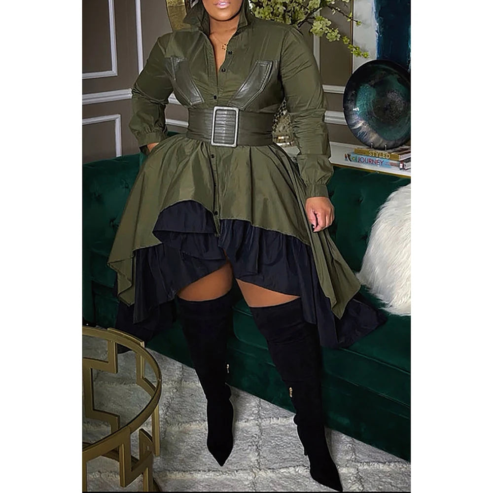 Plus Size Semi Formal Dress Olive Long Sleeve Wrap Asymmetrical Hem Mini Dress