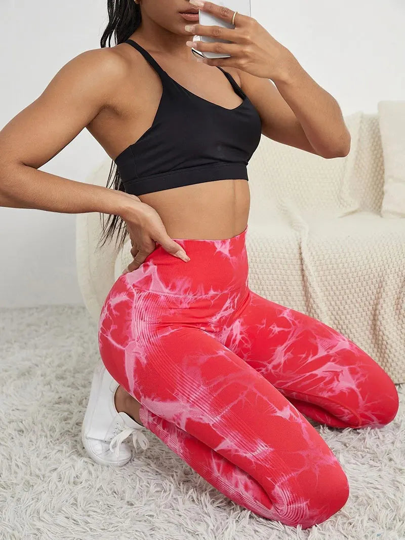 Hip Lifting Seamless Fitness Gym Leggings Tie-Dye Yoga Pants Women's Exercise Tights Tummy Control High Waist Workout Pants