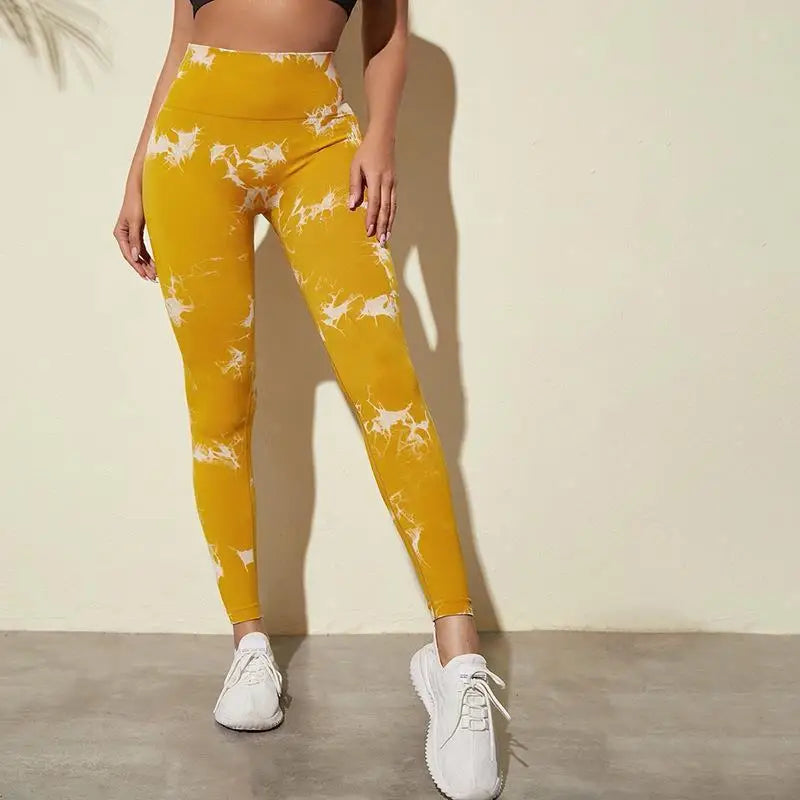 Hip Lifting Seamless Fitness Gym Leggings Tie-Dye Yoga Pants Women's Exercise Tights Tummy Control High Waist Workout Pants