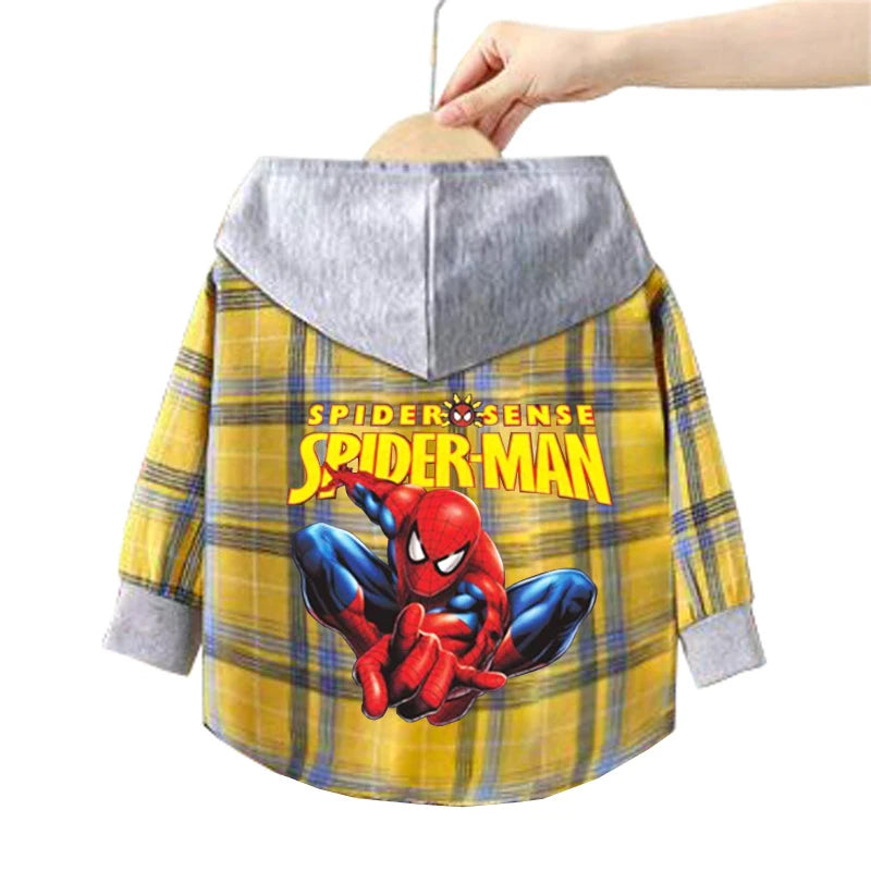 Spring Children Boys Spiderman Plaid Shirts Cartoon Casual Toddler Kid Boy Mickey Hooded Shirts Loose Long Sleeve Baby Boy Top
