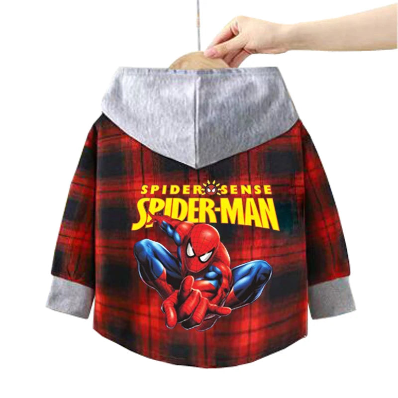 Spring Children Boys Spiderman Plaid Shirts Cartoon Casual Toddler Kid Boy Mickey Hooded Shirts Loose Long Sleeve Baby Boy Top