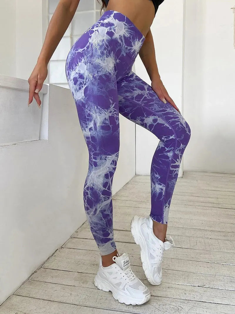 Hip Lifting Seamless Fitness Gym Leggings Tie-Dye Yoga Pants Women's Exercise Tights Tummy Control High Waist Workout Pants