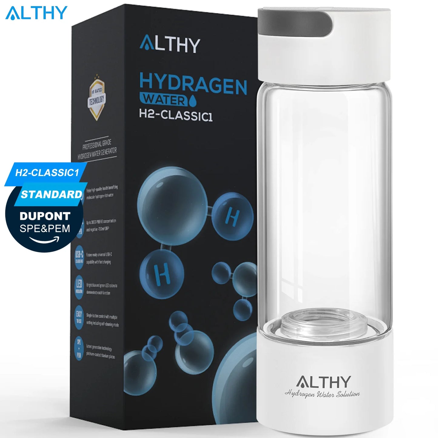 ALTHY hydrogen water generator bottle with SPE/PEM dual chamber and packaging box