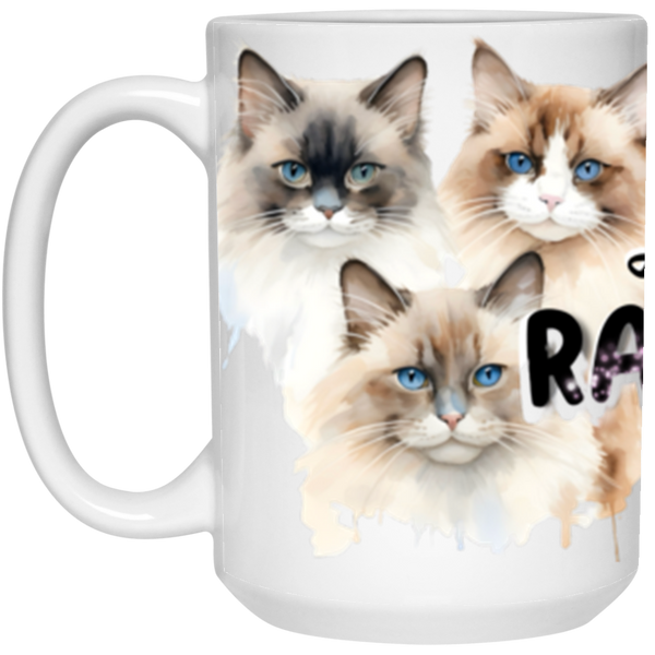 White mug with three illustrated cats and the word 'Ragdoll' on a white background