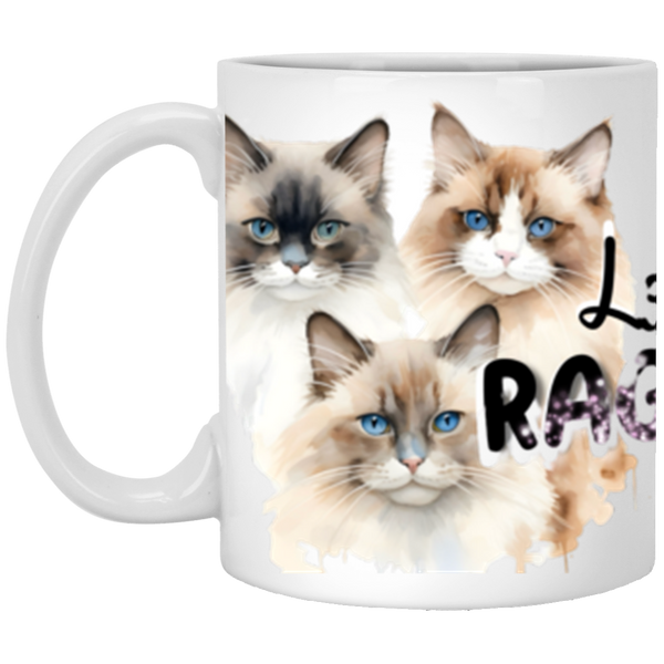 White mug with three cats and the word 'LOVE' printed on it.