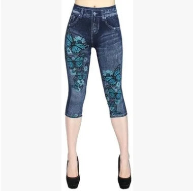 Women Plus Size Leggings Imitation Cropped Trousers 2025 New Mock Pocket Pants Slim Jeggings Denim Skinny