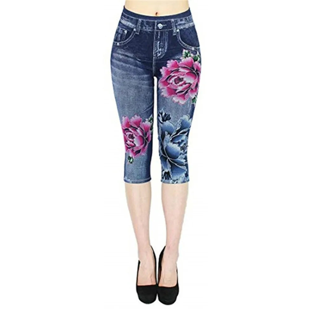 Women Plus Size Leggings Imitation Cropped Trousers 2025 New Mock Pocket Pants Slim Jeggings Denim Skinny