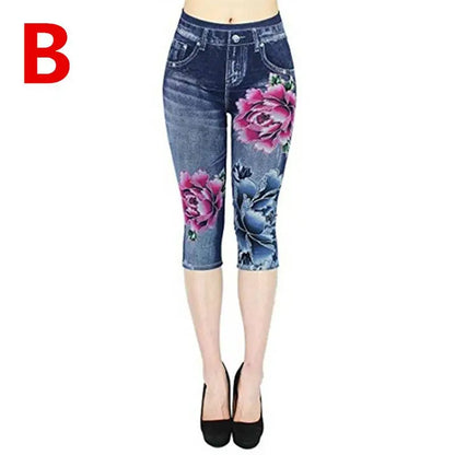 Women Plus Size Leggings Imitation Cropped Trousers 2025 New Mock Pocket Pants Slim Jeggings Denim Skinny