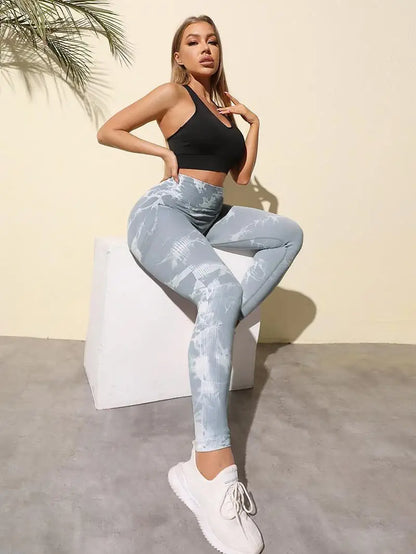 Hip Lifting Seamless Fitness Gym Leggings Tie-Dye Yoga Pants Women's Exercise Tights Tummy Control High Waist Workout Pants