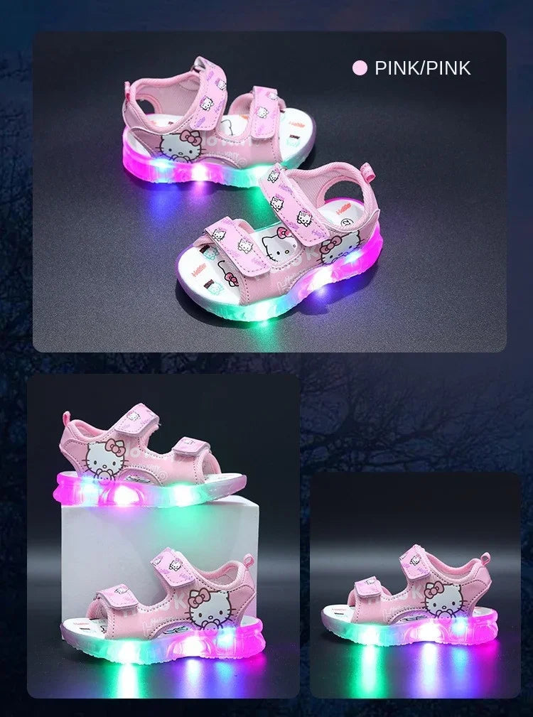 2024 Summer New Baby Girls Led Light Sandals Cute Hello Kitty Children's Casual Shoes Anti-slip Kids Beach Shoes Outdoor Shoes